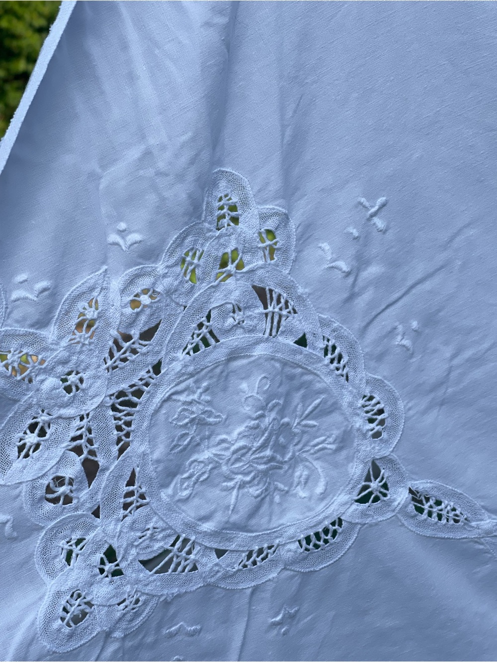 Vintage White Eyelet Embroidered Tablecloth - Elegant Cutwork Linen-Cotton - Picture 3 of 4